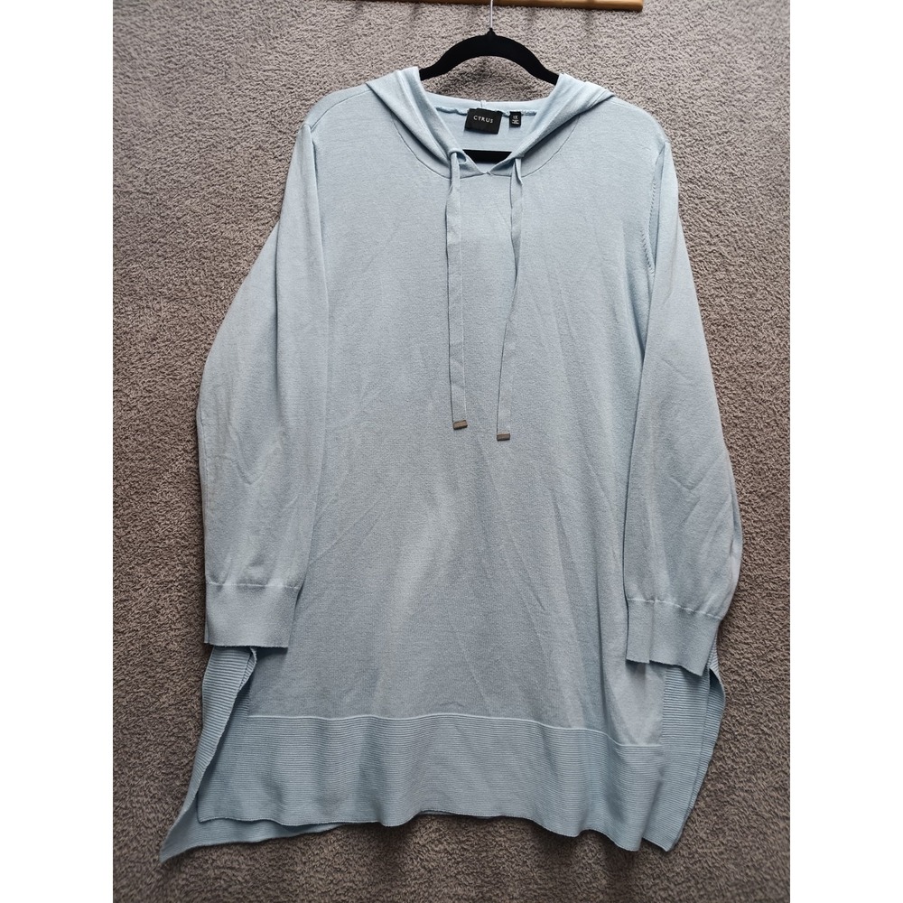 Cyrus Women's 1X Light Blue Knit Hooded Pullover Sweater Tunic Rayon Nylon Blend